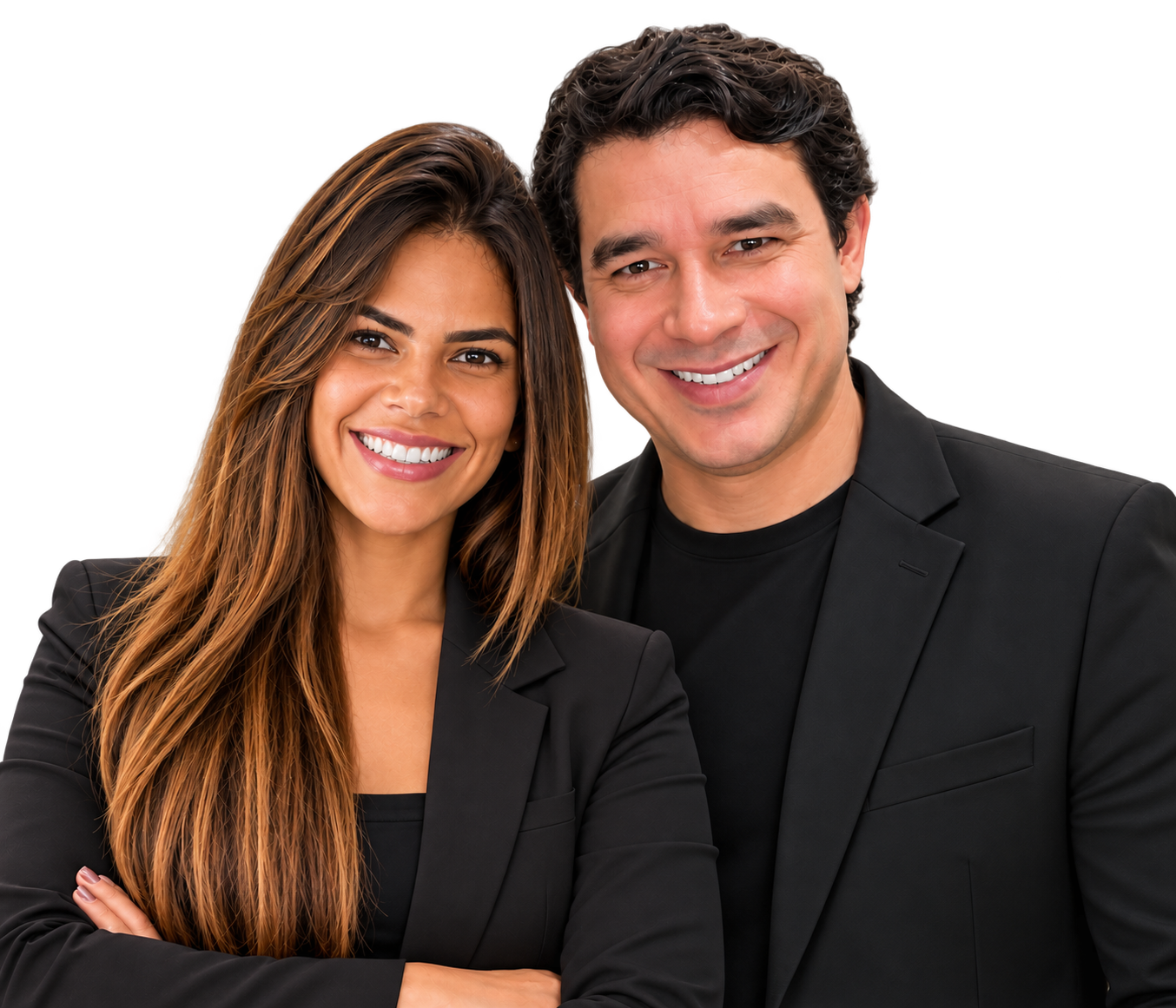 Retrato corporativo em preto e branco de dois profissionais sorrindo